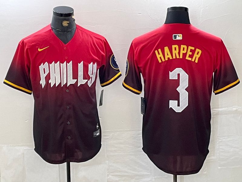 Men Philadelphia Phillies 3 Harper Red City Edition Nike 2024 MLB Jersey style 1